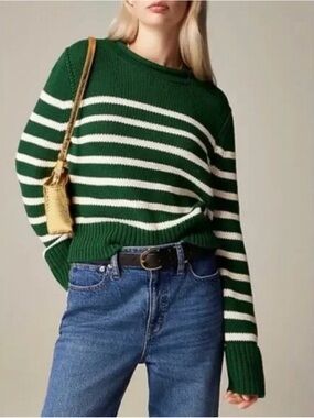J Crew Heritage Rollneck Sweater Green White Striped 100% Cotton Medium